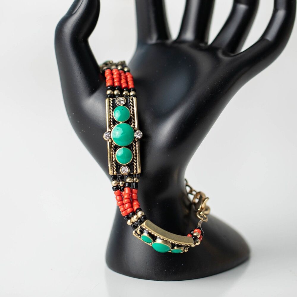 Boho Multistrand Beaded Bracelet Turquoise Color Red Black Rhinestone Gold Tone